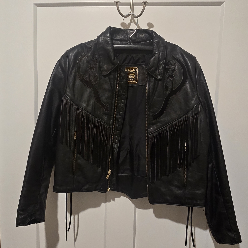 Vintage Black Leather Fringe Jacket, Small, Cropped, Genuine Leather